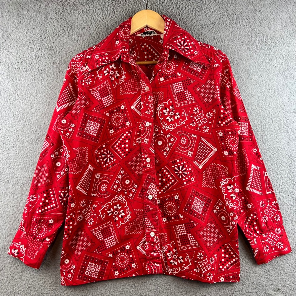 Vintage 70s Durable Press Red Bandana Print Button Up Shirt Long Sleeve size M